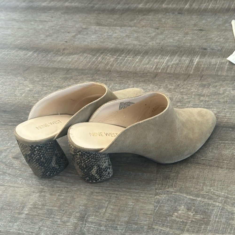 Women’s shoes mules with leapord heel. Suede leather Nine West